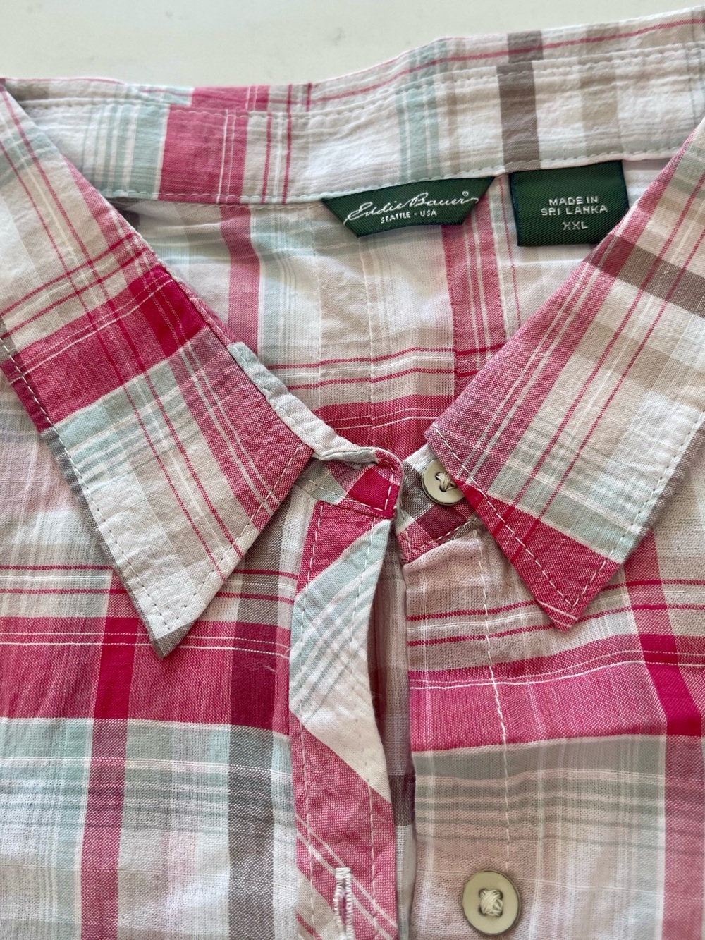 Eddie Bauer Pink and Gray Plaid Button-Down Shirt with Pockets Topstitching